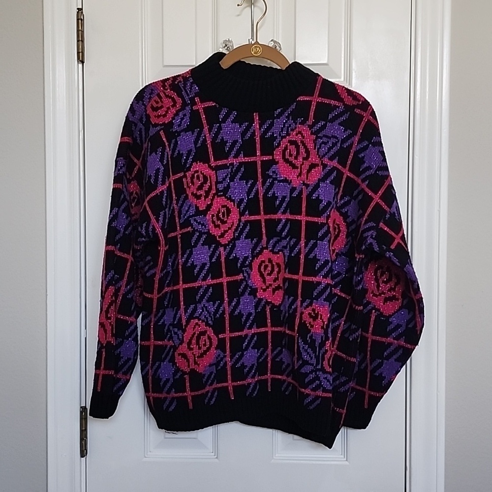 Adele Knitwear Made in USA Pink Purple Black Floral Metalic 80s Grannycore​​​​​
